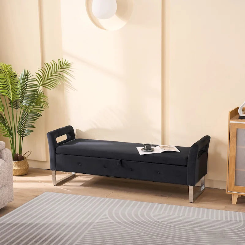 Banc de rangement en velours rembourré avec accoudoirs