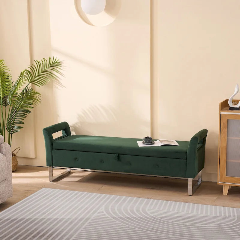 Banc de rangement en velours rembourré avec accoudoirs