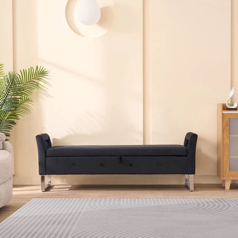 Banc de rangement en velours rembourré avec accoudoirs