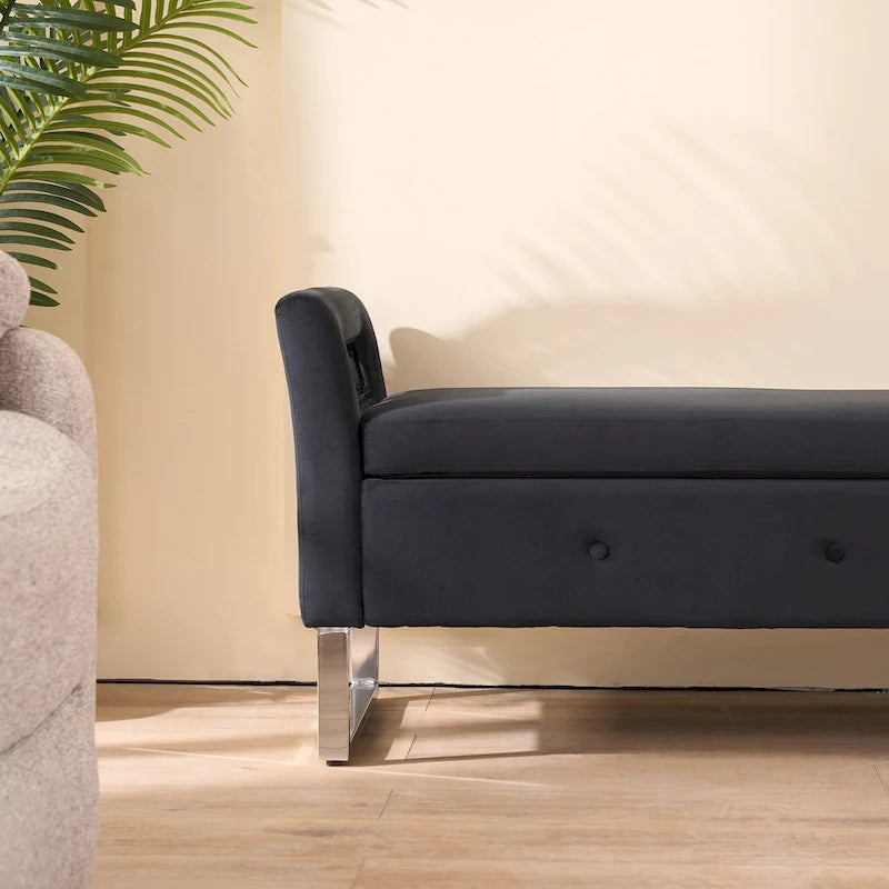 Banc de rangement en velours rembourré avec accoudoirs