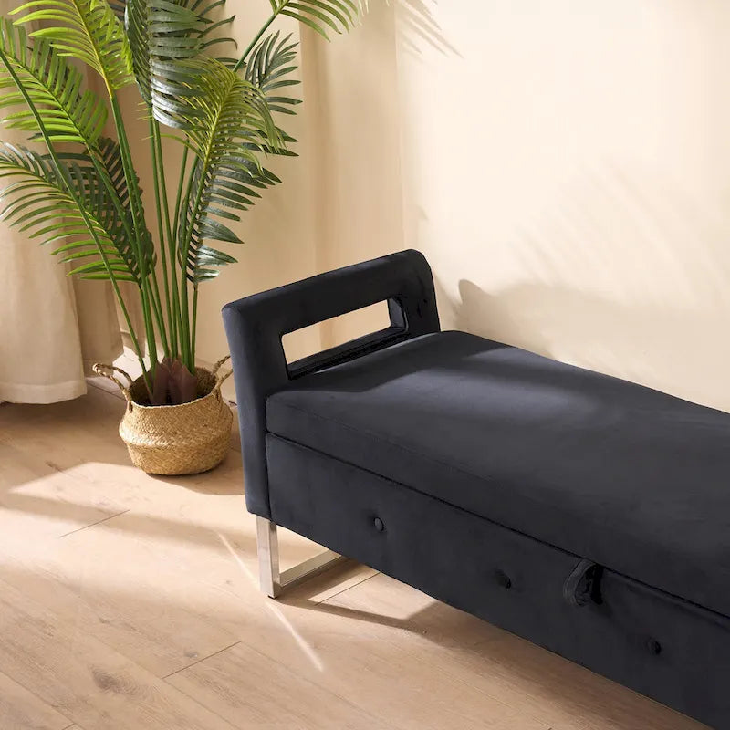 Banc de rangement en velours rembourré avec accoudoirs
