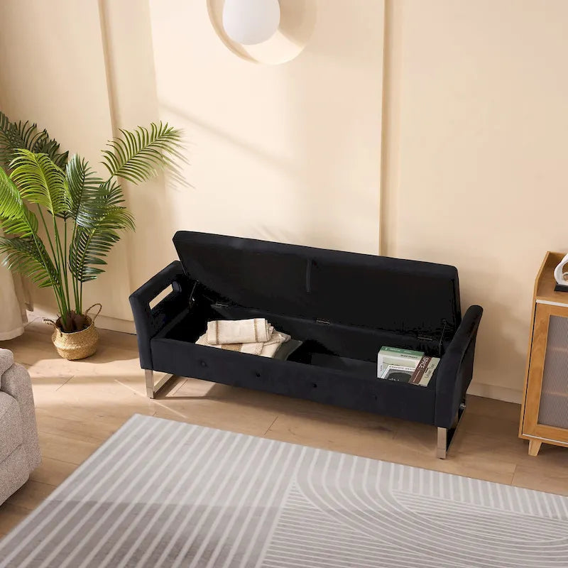 Banc de rangement en velours rembourré avec accoudoirs