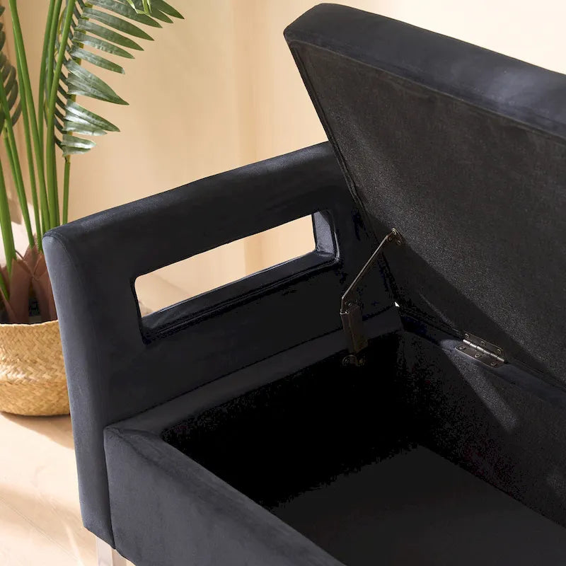 Banc de rangement en velours rembourré avec accoudoirs