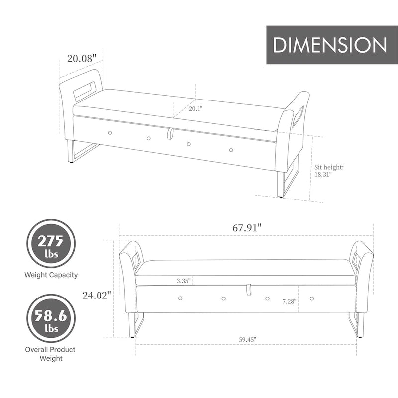 Banc de rangement en velours rembourré avec accoudoirs