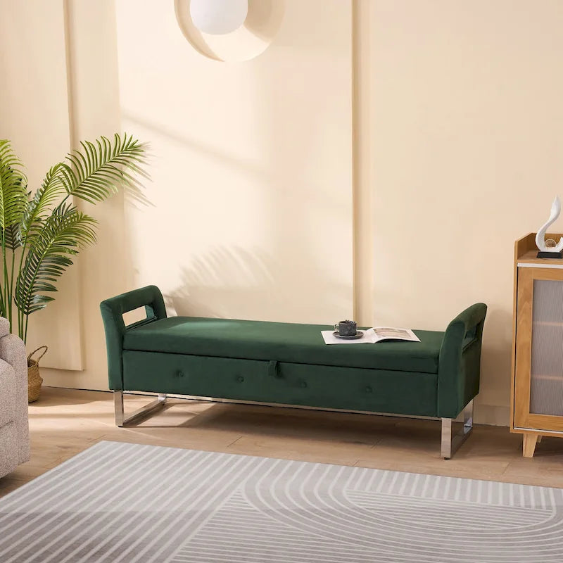 Banc de rangement en velours rembourré avec accoudoirs