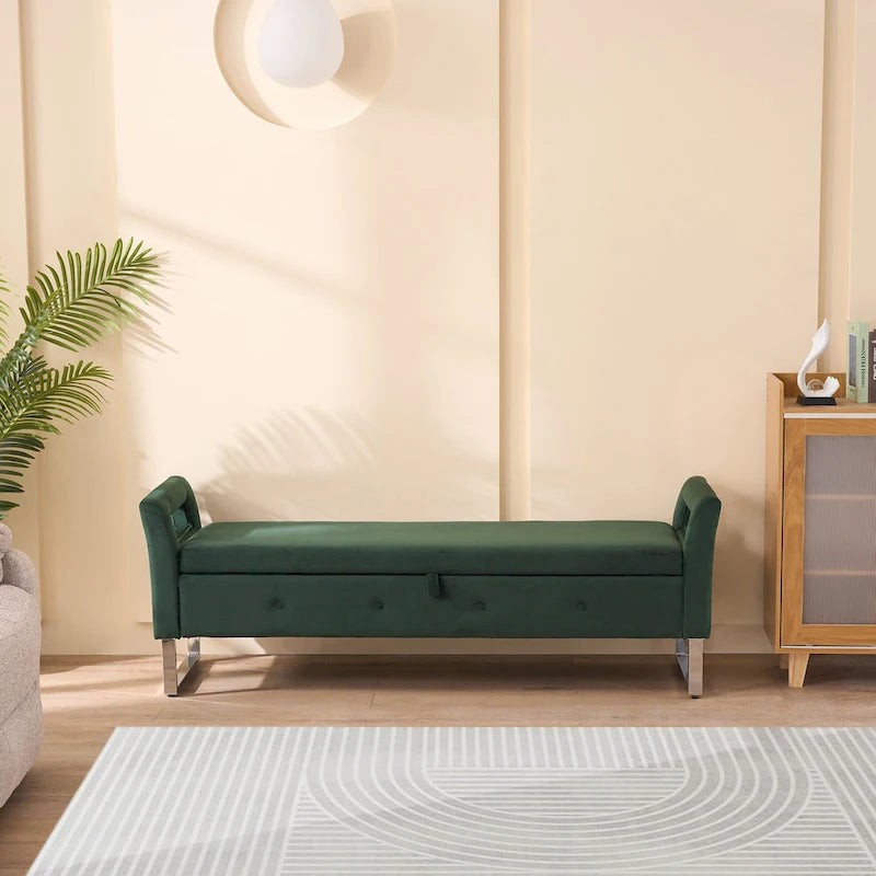 Banc de rangement en velours rembourré avec accoudoirs