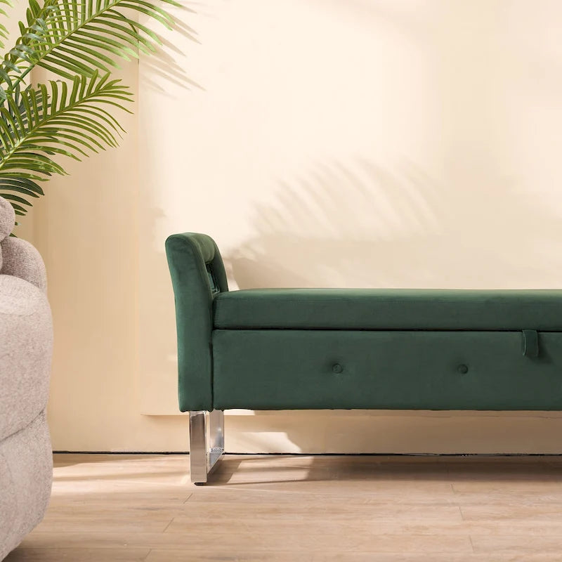 Banc de rangement en velours rembourré avec accoudoirs