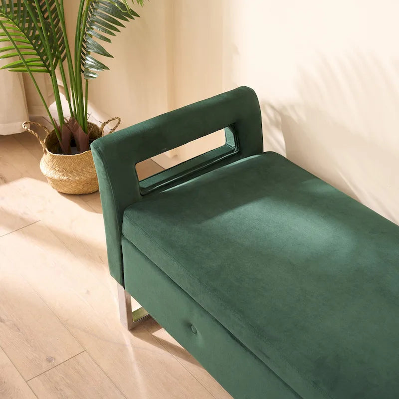 Banc de rangement en velours rembourré avec accoudoirs