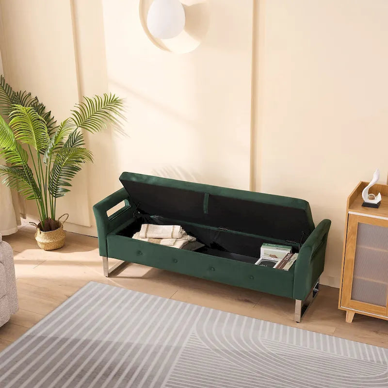 Banc de rangement en velours rembourré avec accoudoirs