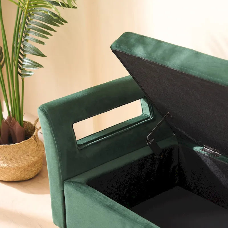 Banc de rangement en velours rembourré avec accoudoirs