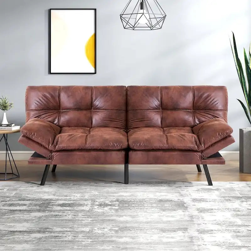 Canapé convertible en similicuir avec accoudoirs réglables, idéal pour les petits espaces, taille simple.
