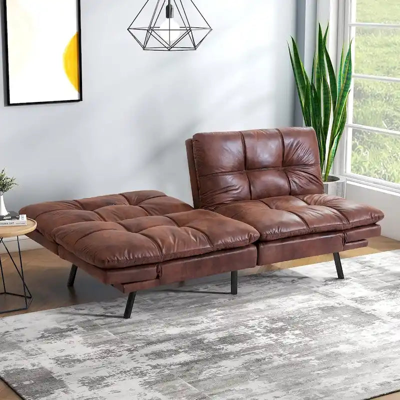 Canapé convertible en similicuir avec accoudoirs réglables, idéal pour les petits espaces, taille simple.