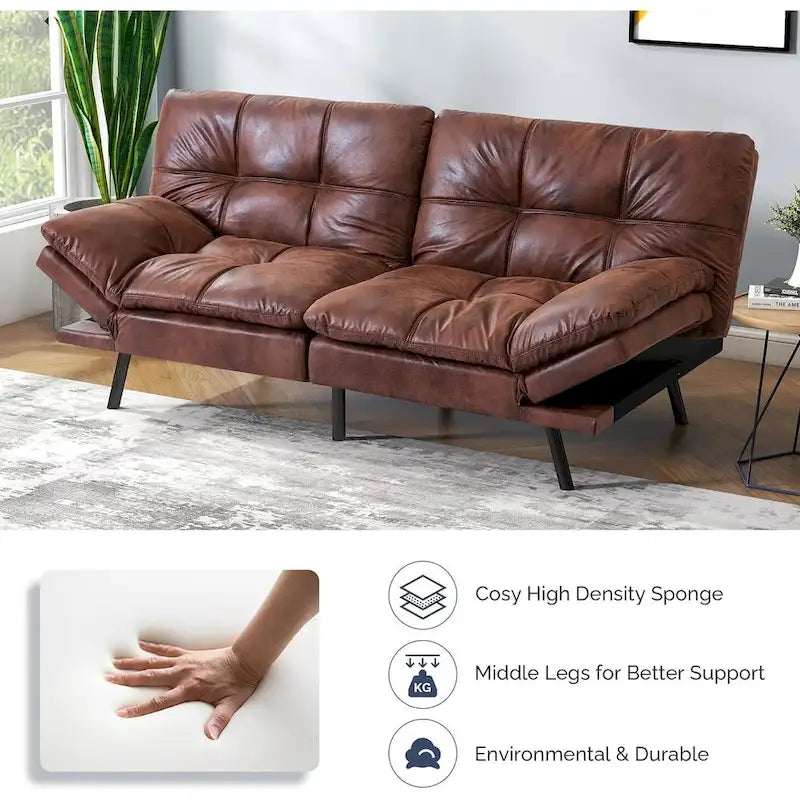 Canapé convertible en similicuir avec accoudoirs réglables, idéal pour les petits espaces, taille simple.
