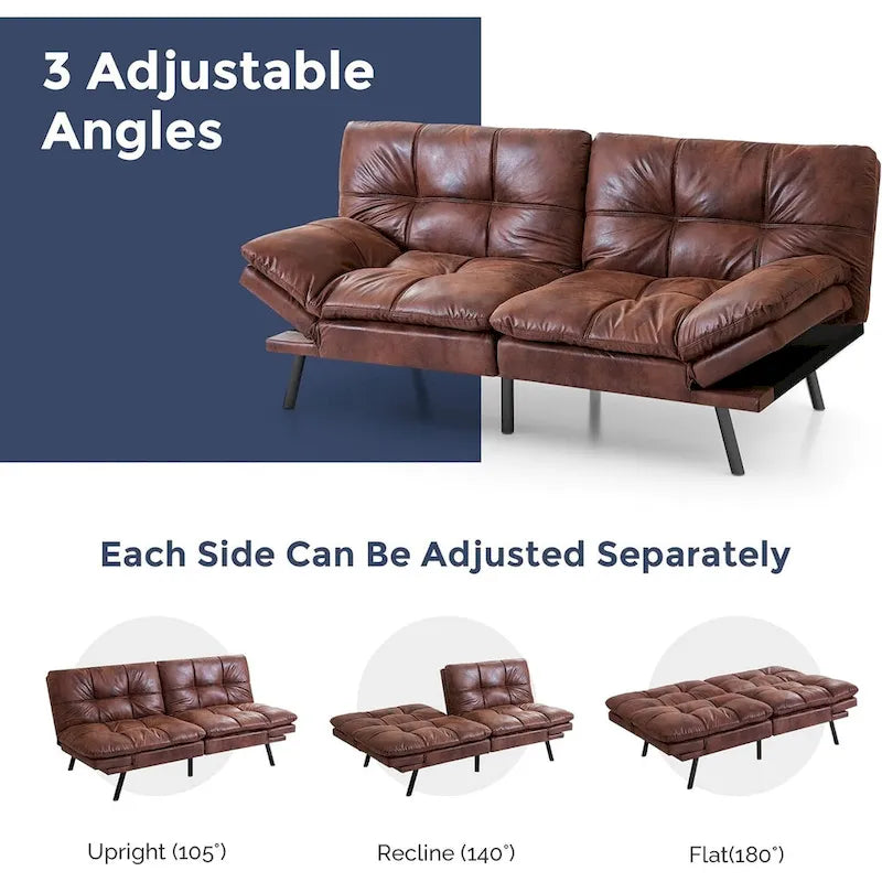 Canapé convertible en similicuir avec accoudoirs réglables, idéal pour les petits espaces, taille simple.