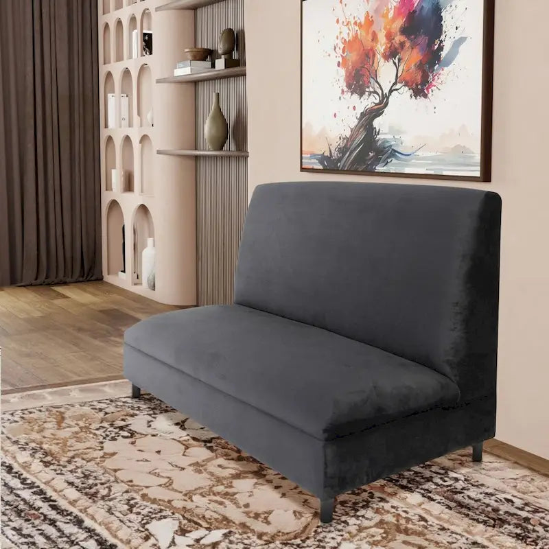 Canapés Banquette rembourrée en velours et bois massif, style milieu du siècle