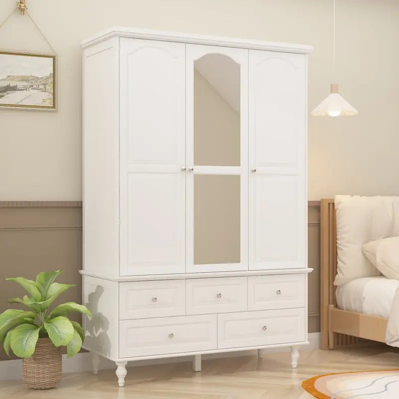 47.2 Lacquered Armoires Wardrobes With Mirror Door 5 Drawer in White