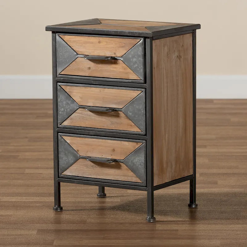 Table d'appoint à 3 tiroirs en métal gris antique industriel rustique et bois blanchi chêne marron