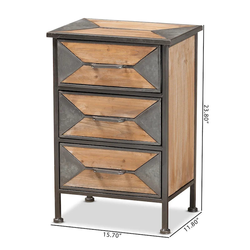 Table d'appoint à 3 tiroirs en métal gris antique industriel rustique et bois blanchi chêne marron