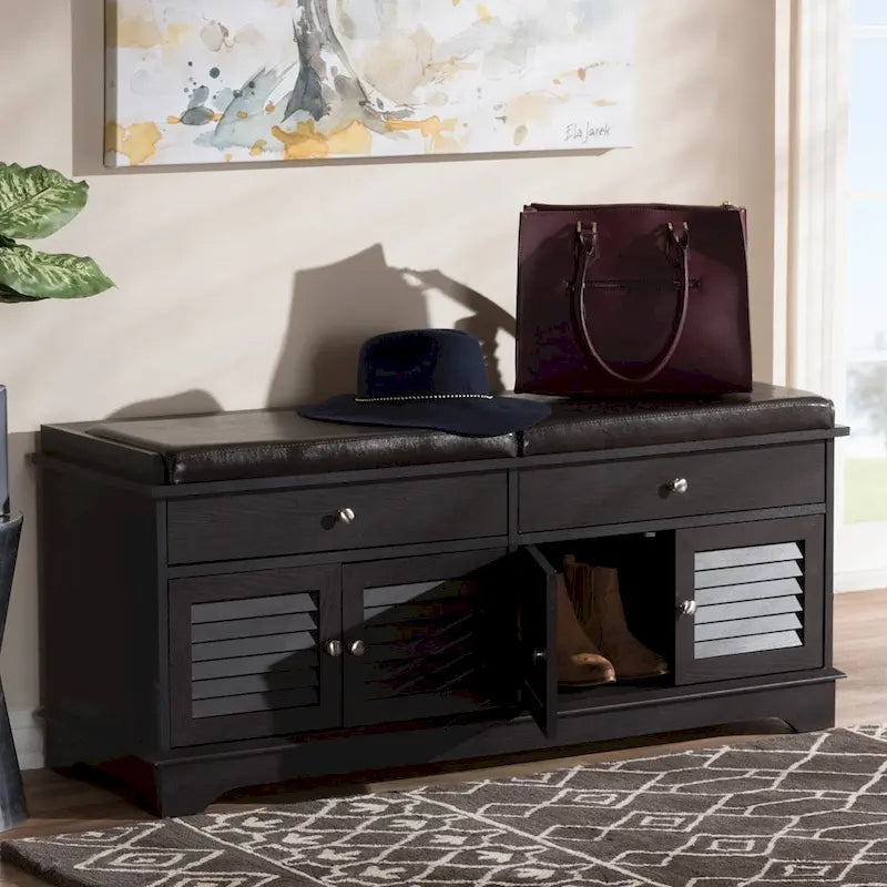 Banc de rangement pour chaussures à 2 tiroirs en bois brun foncé, moderne et contemporain - 52,5 cm de haut x 120,5 cm de large x 39,7 cm de profondeur