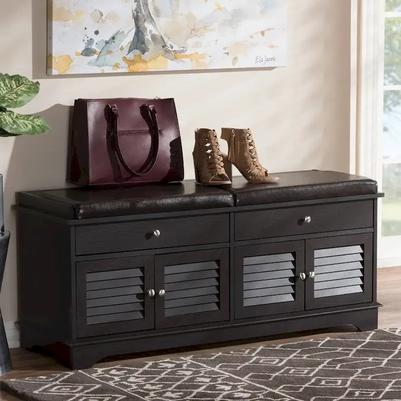 Banc de rangement pour chaussures à 2 tiroirs en bois brun foncé, moderne et contemporain - 52,5 cm de haut x 120,5 cm de large x 39,7 cm de profondeur