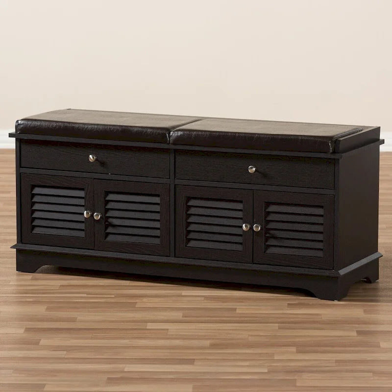 Banc de rangement pour chaussures à 2 tiroirs en bois brun foncé, moderne et contemporain - 52,5 cm de haut x 120,5 cm de large x 39,7 cm de profondeur