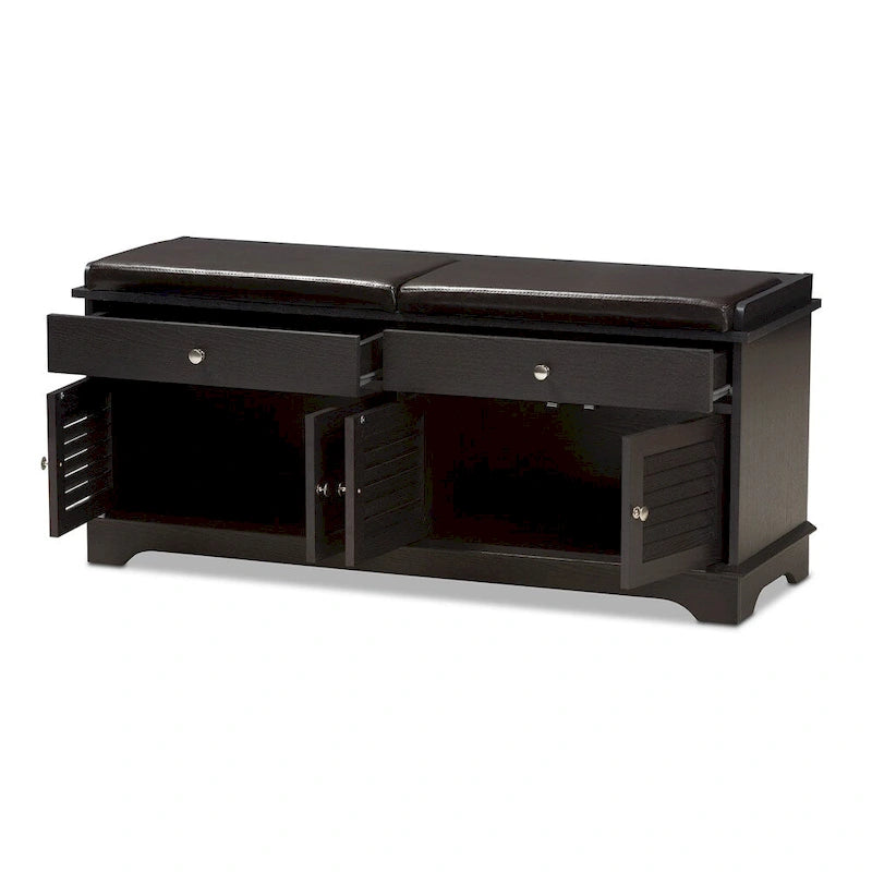 Banc de rangement pour chaussures à 2 tiroirs en bois brun foncé, moderne et contemporain - 52,5 cm de haut x 120,5 cm de large x 39,7 cm de profondeur