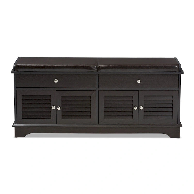 Banc de rangement pour chaussures à 2 tiroirs en bois brun foncé, moderne et contemporain - 52,5 cm de haut x 120,5 cm de large x 39,7 cm de profondeur