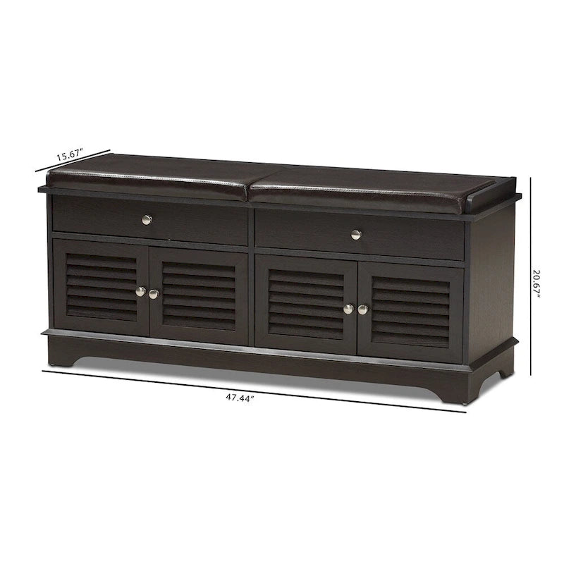 Banc de rangement pour chaussures à 2 tiroirs en bois brun foncé, moderne et contemporain - 52,5 cm de haut x 120,5 cm de large x 39,7 cm de profondeur
