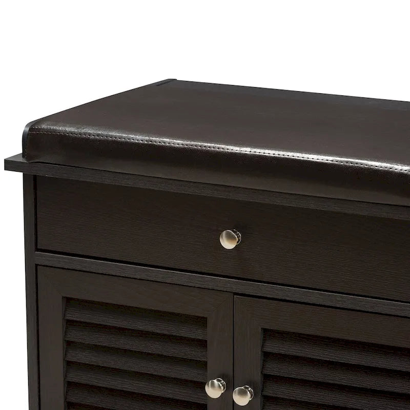 Banc de rangement pour chaussures à 2 tiroirs en bois brun foncé, moderne et contemporain - 52,5 cm de haut x 120,5 cm de large x 39,7 cm de profondeur