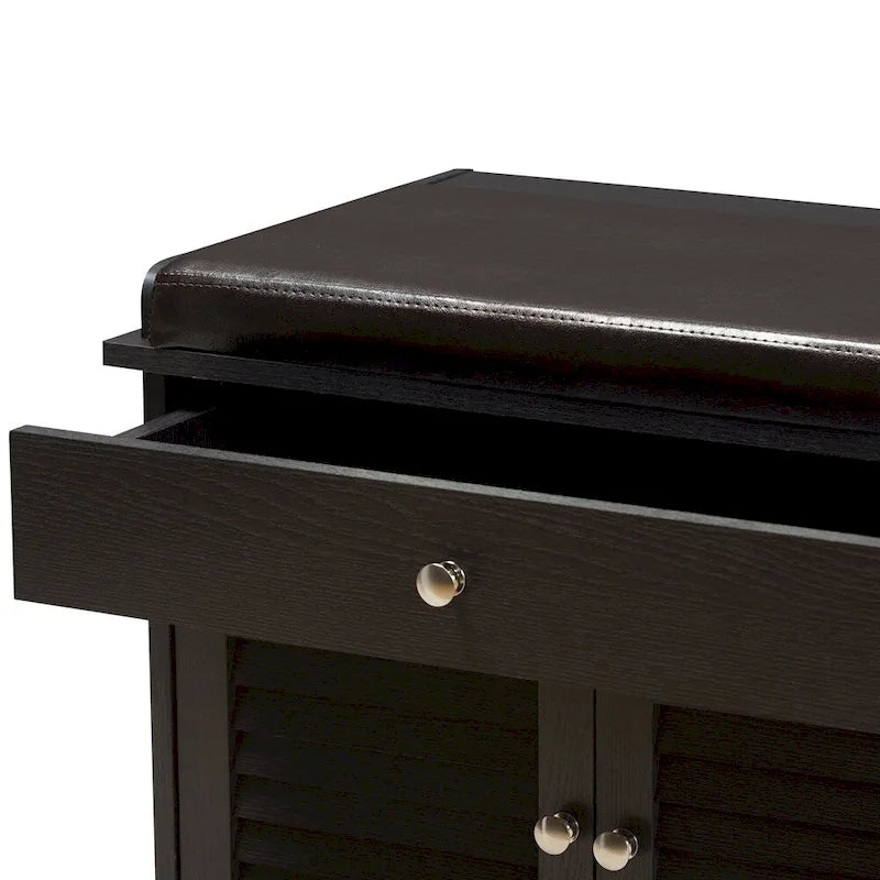 Banc de rangement pour chaussures à 2 tiroirs en bois brun foncé, moderne et contemporain - 52,5 cm de haut x 120,5 cm de large x 39,7 cm de profondeur