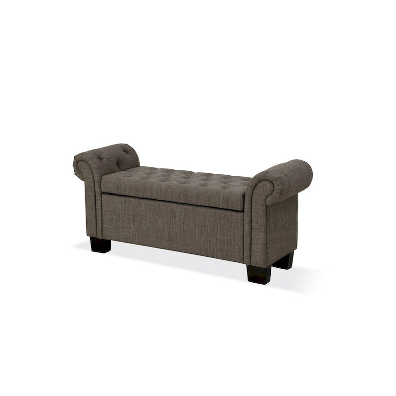 54 Inch Storage Bench, Polyester Linen, Rolled Arms, Tufted, Smooth Gray